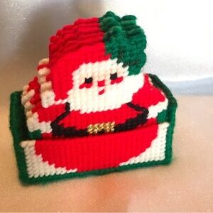 Set of 6 Vintage Handmade Plasticanvas Santa Claus Drink Coasters in Holder